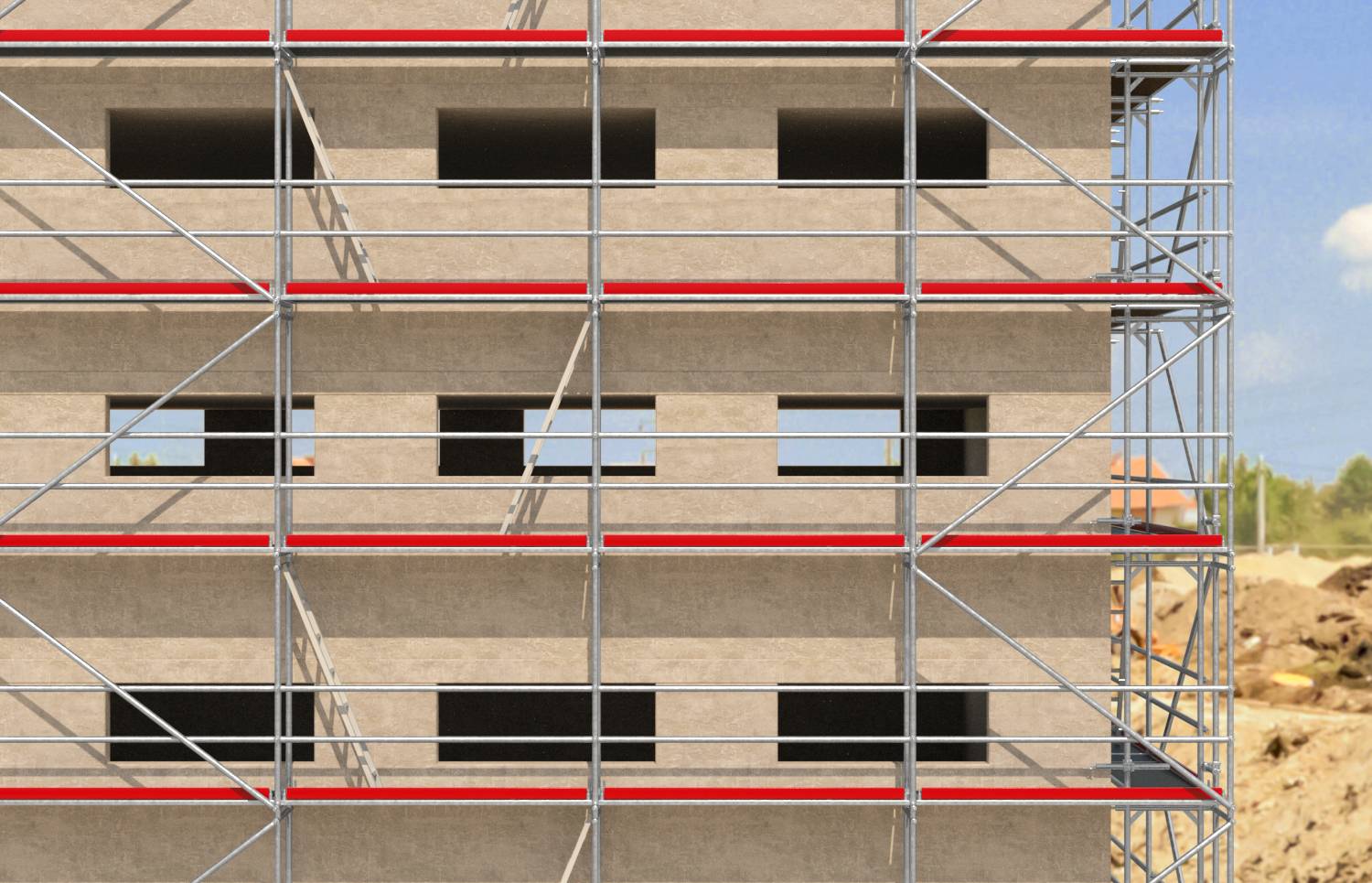 Mehrstöckiges Gebäude im Bau, umhüllt mit metallischem Gerüst mit roten Sicherheitsgeländern und unfertigen Fensteröffnungen.