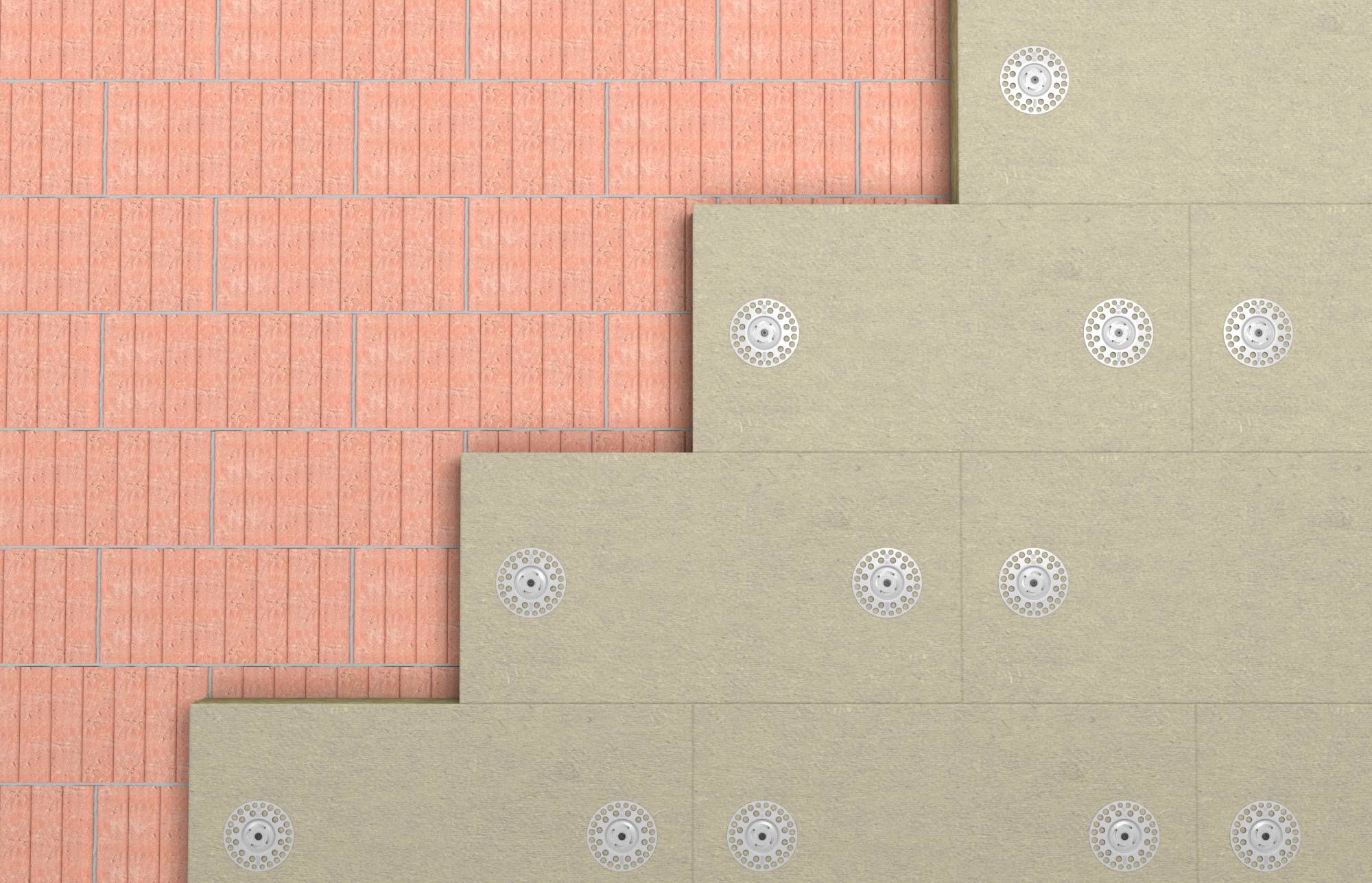 Nahaufnahme von geschichteten Fassadenmaterialien: rosafarbene Ziegel auf der linken Seite und beige Betonplatten auf der rechten Seite, jeweils mit runden Befestigungselementen befestigt.