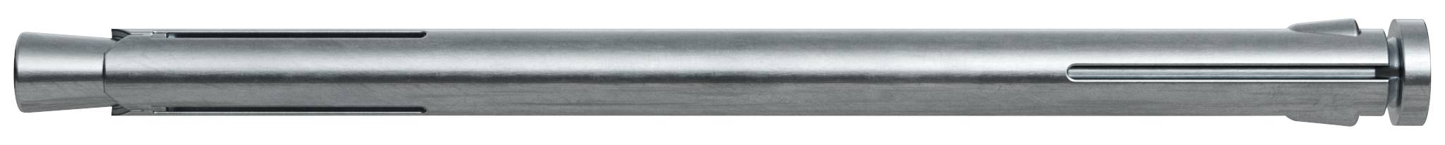 Ein silberner Metallzylinderstab mit geschlitztem Ende und Flanschkappe, horizontal auf weißem Hintergrund dargestellt.