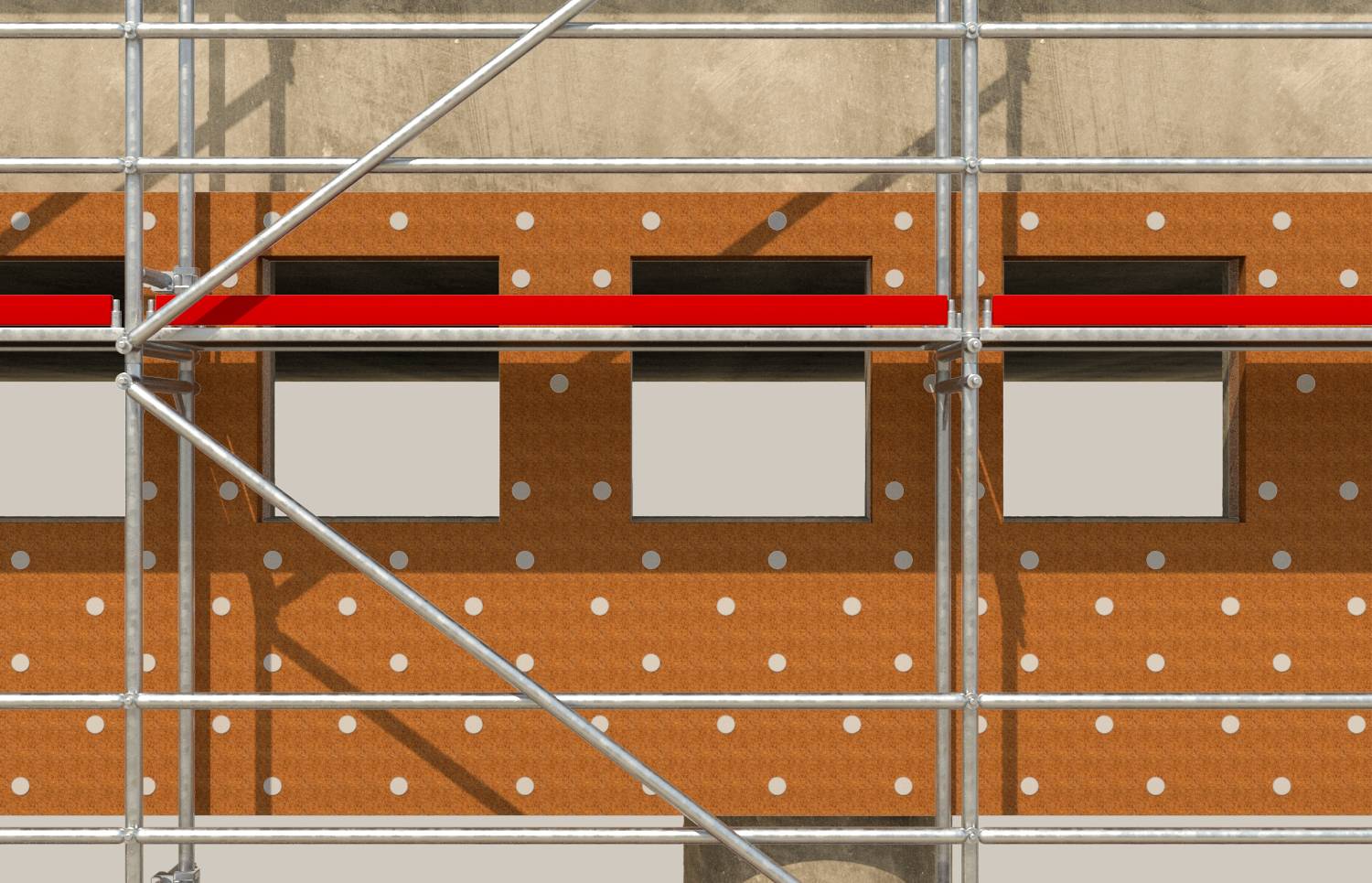 Gerüst vor einer Gebäudefassade im Bau, mit braunen Wandpaneelen, Fensteröffnungen und einer roten horizontalen Sicherheitsleitschiene.