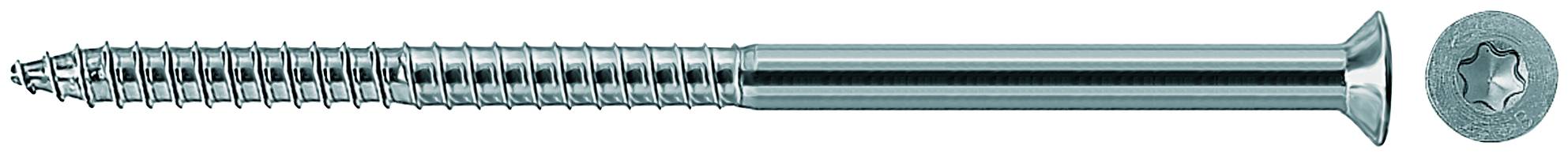 Eine Schraube aus Metall, dargestellt in der Seitenansicht mit einer passenden Sternkopf-Draufsicht, die ihre Form und ihren Antriebstyp zeigt.