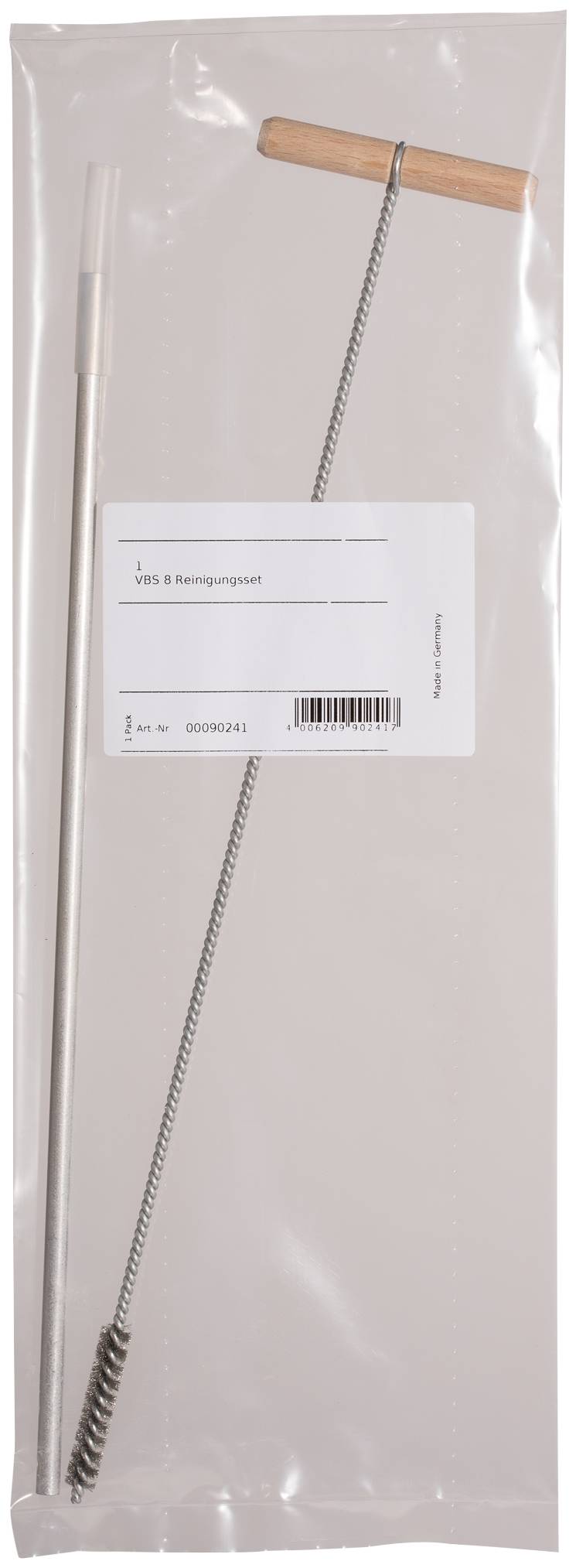 Eine aufgerollte Metall-Reinigungsbürste mit hölzernem Griff in einer transparenten Kunststoffverpackung, beschriftet mit „VIB. Reinigungsgerät