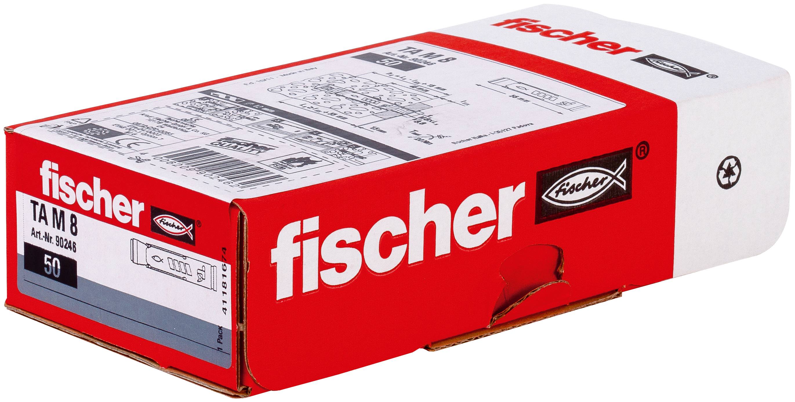 Rote und weiße Fischer TAM 8 Wanddübelbox mit dem Fischer-Logo und Produktetikett auf der Verpackung.