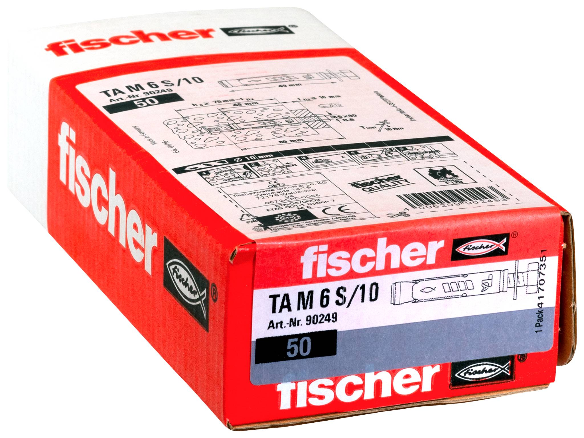 Rote Fischer-Produktschachtel mit der Bezeichnung 