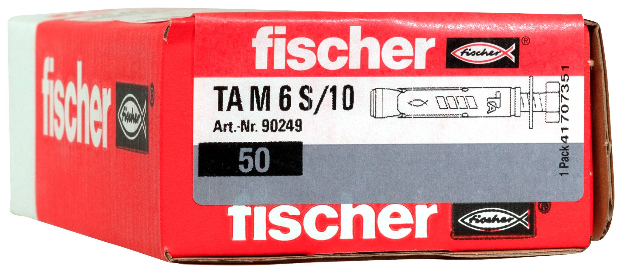 Rote Fischer-Steckdosendose mit der Bezeichnung „TA M 6 S/10" in Größe 50 und Produktabbildung auf der Vorderseite.
