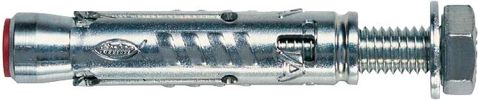 Metallischer Expansionsankerschraubbolzen mit Gewinde am Ende, Unterlegscheibe und Sechskantmutter, isoliert auf weißem Hintergrund dargestellt.