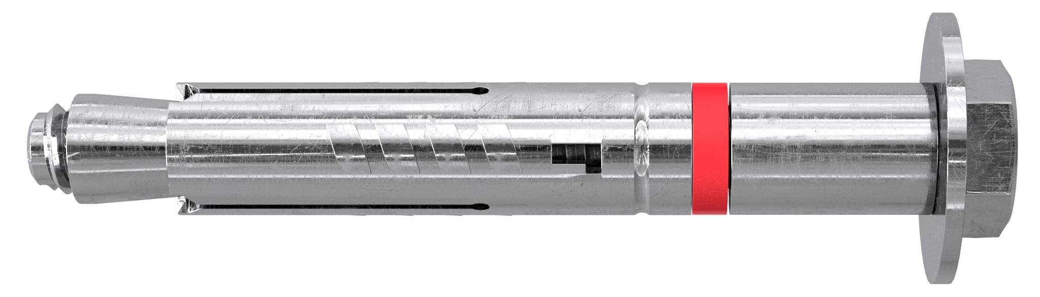 Metalldehnungsankerschraube mit rotem Ring und Sechskantmutter, dargestellt auf weißem Hintergrund.