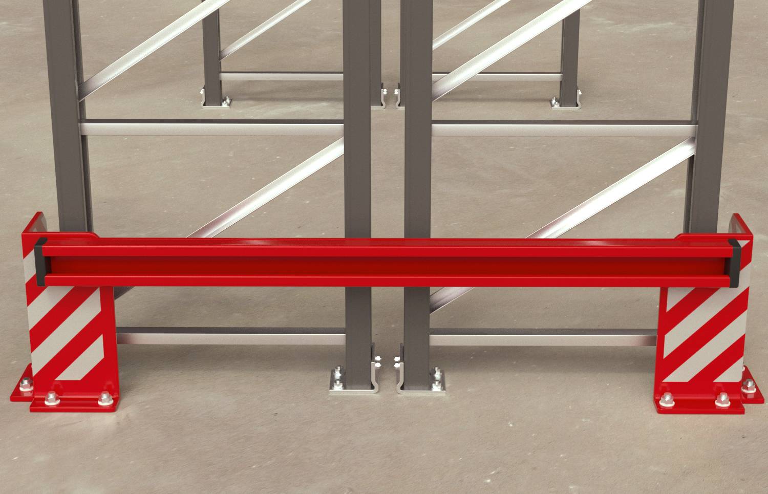Rot-weiße Sicherheitsbarriere, die die Basis eines Metallregals oder Förderrahmens in einem Lager blockiert.