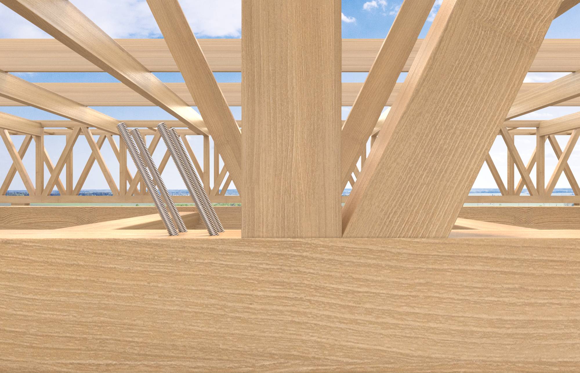 3D-Darstellung eines Holzdachstuhls oder Holzrahmens mit diagonalen und vertikalen Balken vor blauem Himmel, die konstruktive Stützdetails zeigt.