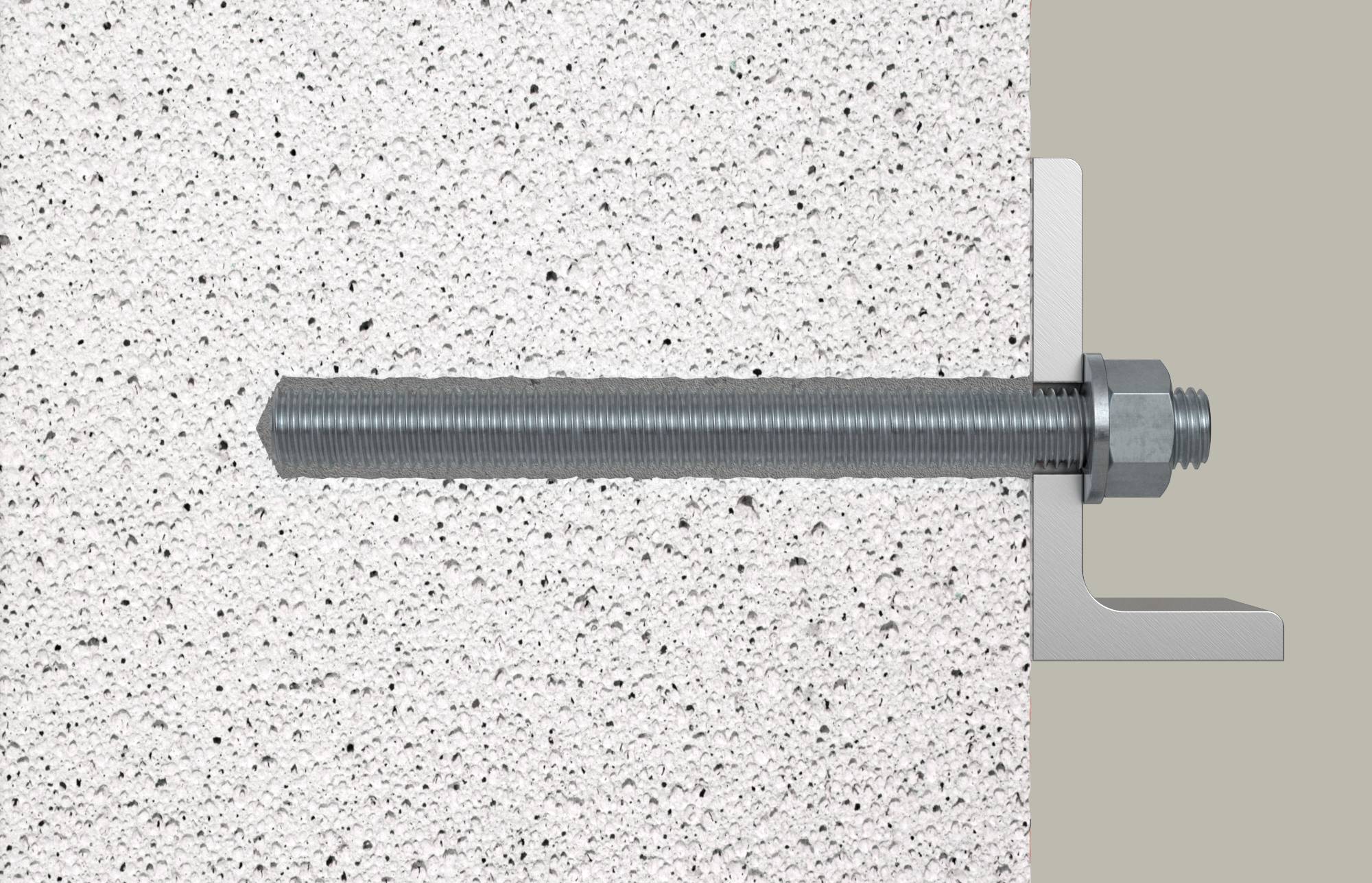 Gewindeanker in Beton eingebettet, mit Unterlegscheibe und Sechskantmutter gegen eine Metallhalterung gesichert.