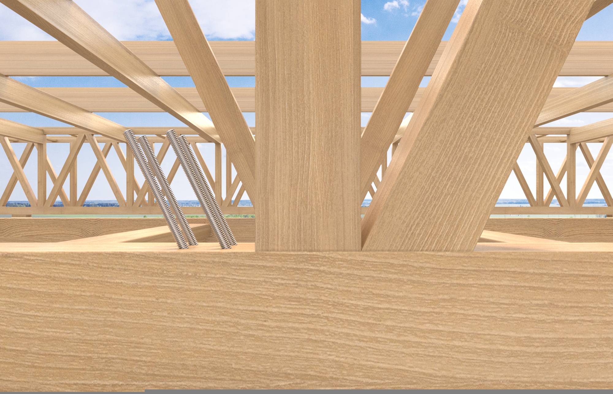Holzdachstuhl-Rahmenkonstruktion mit Balken und diagonalen Stützen im Bau vor blauem Himmel.