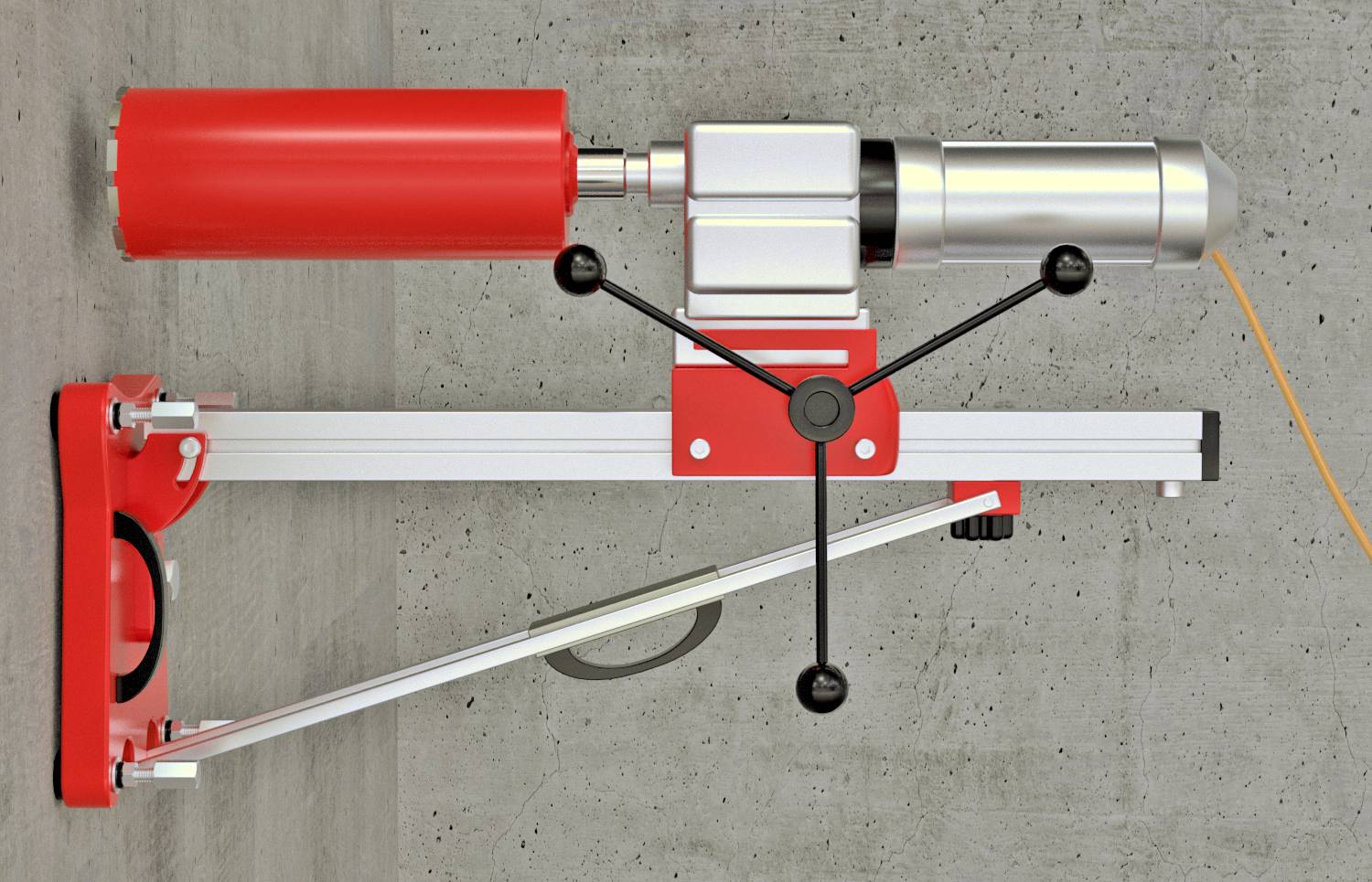 Wandmontiertes Industriegerät mit rotem Motor und silbernem Zylinder, verbunden mit einer Schienenbahn und einem diagonalen Stützarm.