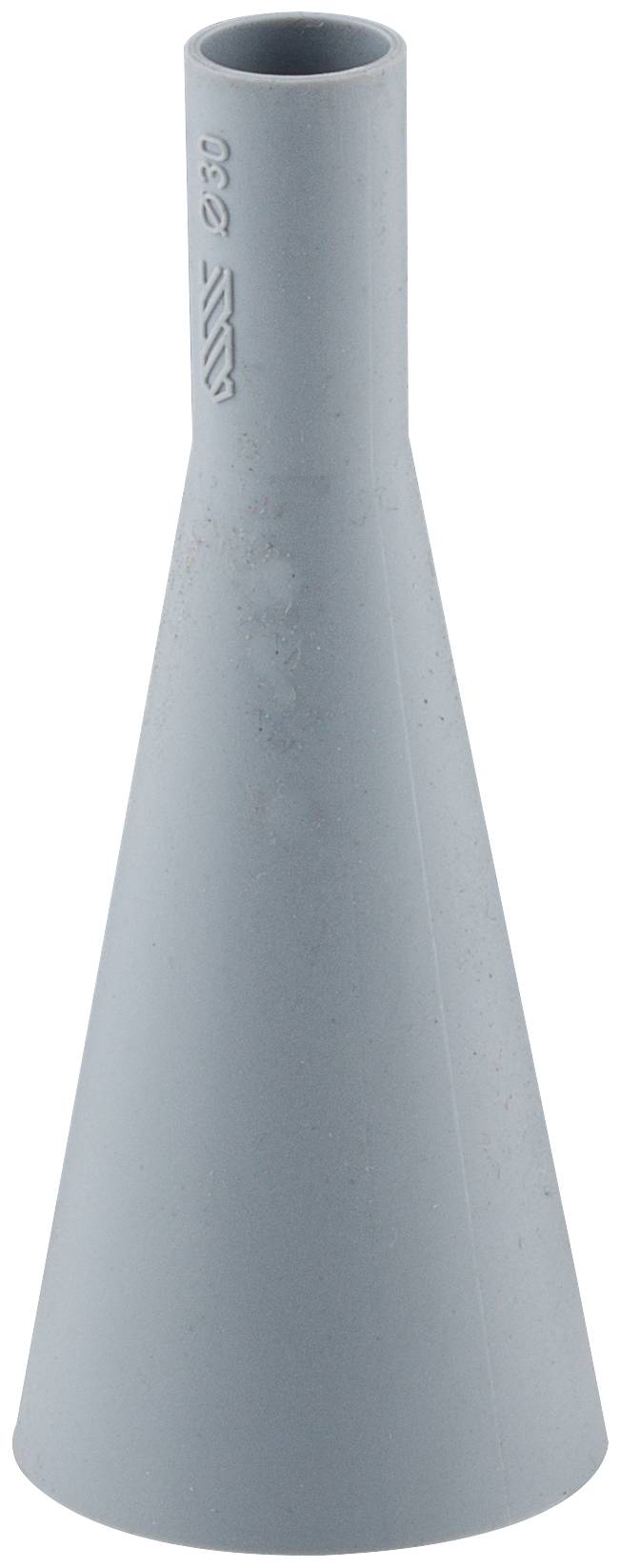 Grauer PVC-Rohrreduzier-Anschluss, kegelförmig, sich von einer schmalen oberen Öffnung zu einer größeren unteren Öffnung erweiternd.