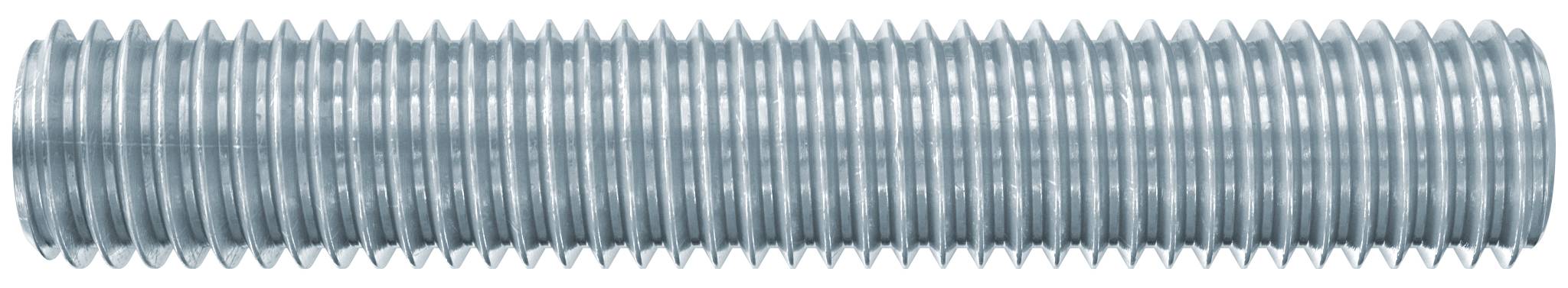 Nahaufnahme eines silbernen Gewindestabs oder Bolzens aus Metall, horizontal auf weißem Hintergrund dargestellt.