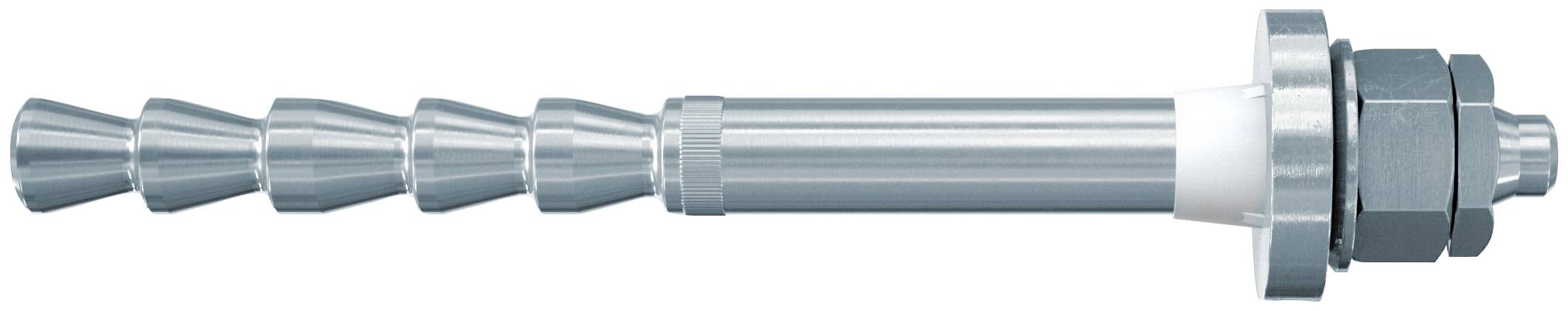 Metallspreizdübelanker mit konischer Hülse und gewindedem Ende, horizontal auf weißem Hintergrund dargestellt.