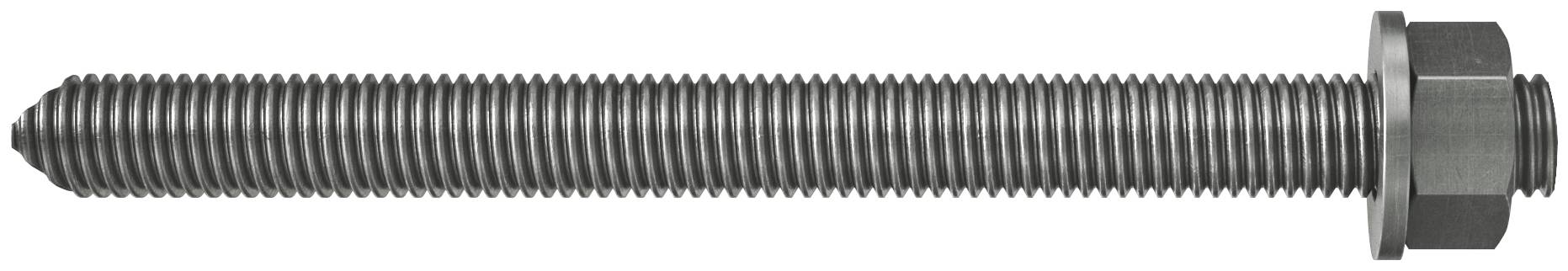 Ein langer gewindelter Metallbolzen mit einer Sechskantmutter und einer Unterlegscheibe an einem Ende, horizontal auf weißem Hintergrund dargestellt.