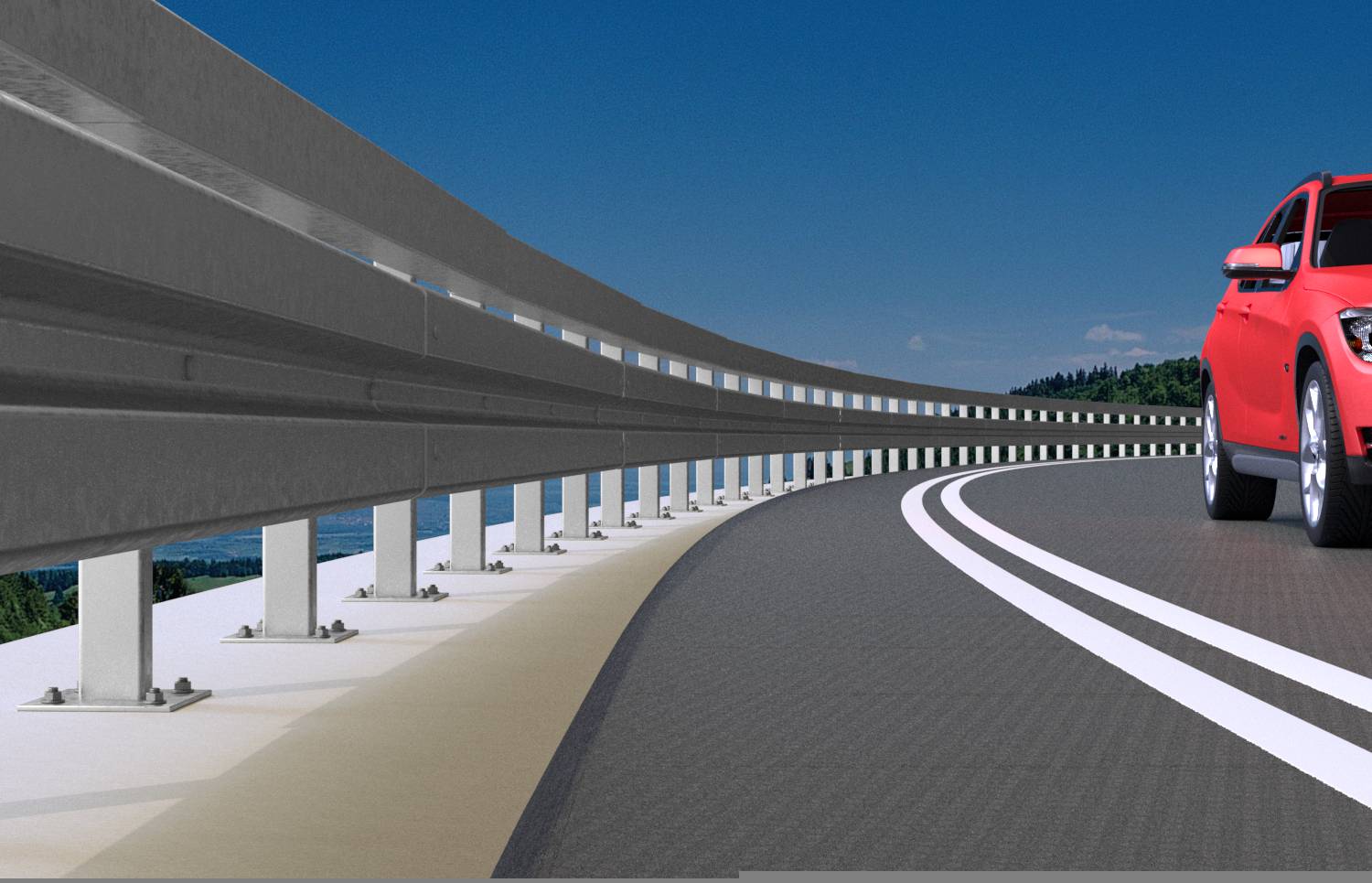 Rotes Auto, das auf einer kurvigen Autobahn neben einer metallenen Leitplanke unter einem klaren blauen Himmel fährt.