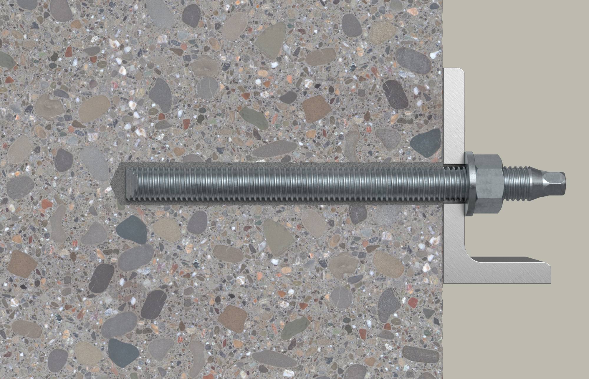 Seitenansicht eines Keilankers mit Bolzen, der durch Beton in eine Metallhalterung eingebaut ist und die Gewindeverankerung sowie die Mutter zur Sicherung der Verbindung zeigt.