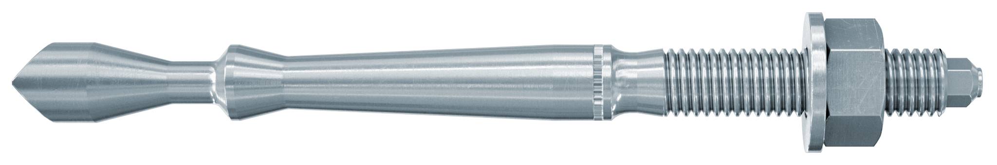 Metallischer Gewindeanker-Bolzen mit Sechskantmutter und konischem Kopf, horizontal auf weißem Hintergrund dargestellt.
