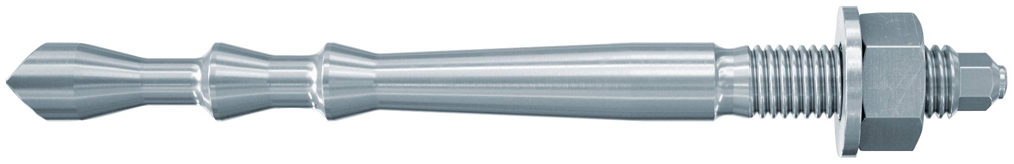 Ein silberner Metallgewindeanker mit Sechskantmuttern, horizontal auf weißem Hintergrund dargestellt.