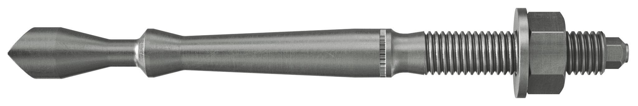 Metallverankerungsbolzen mit konischer Spitze, Gewindeende und Sechskantmutter sowie Scheibenmontage auf weißem Hintergrund.