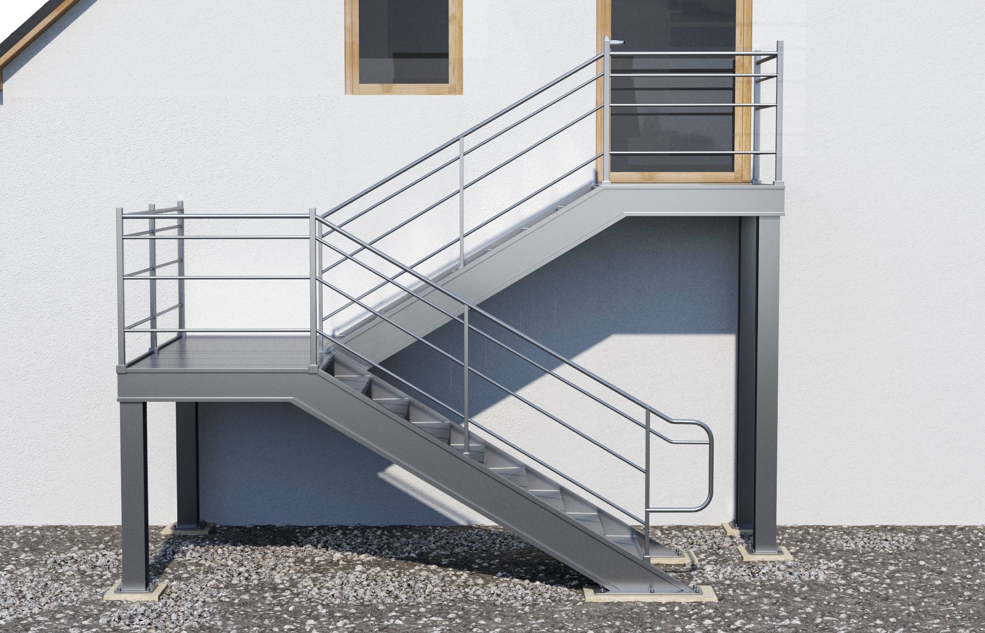 Außenmetalltreppe mit Geländern und einem kleinen Podest, das zu einer oberen Tür an einem weißen Gebäude führt.
