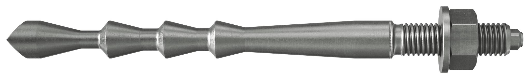 Metallschraube mit konischem, kegelförmigem Kopf auf der linken Seite und Gewinde mit Mutter und Unterlegscheibe auf der rechten Seite, dargestellt auf weißem Hintergrund