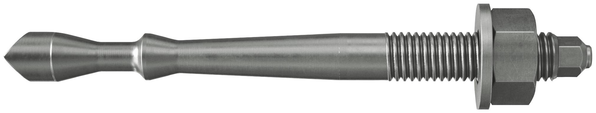 Ein Metallgewinde-Befestigungselement mit konischem verjüngtem Kopf und Sechskantmutter, horizontal auf weißem Hintergrund dargestellt.