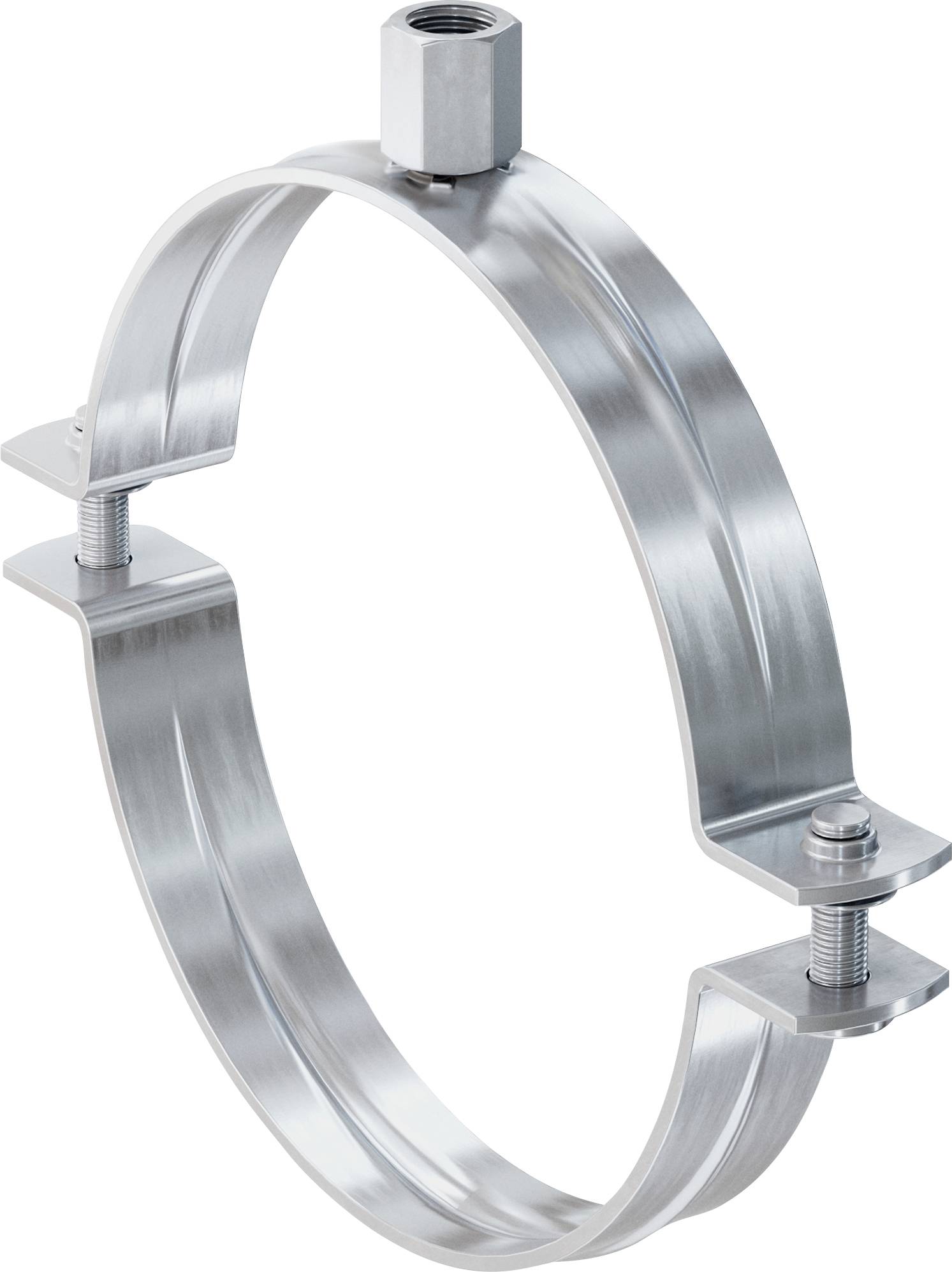 Metallrohrhalter-Klemme mit zwei verschraubten Montagelaschen und einem oberen Gewindeverbinder, isoliert auf weißem Hintergrund dargestellt.