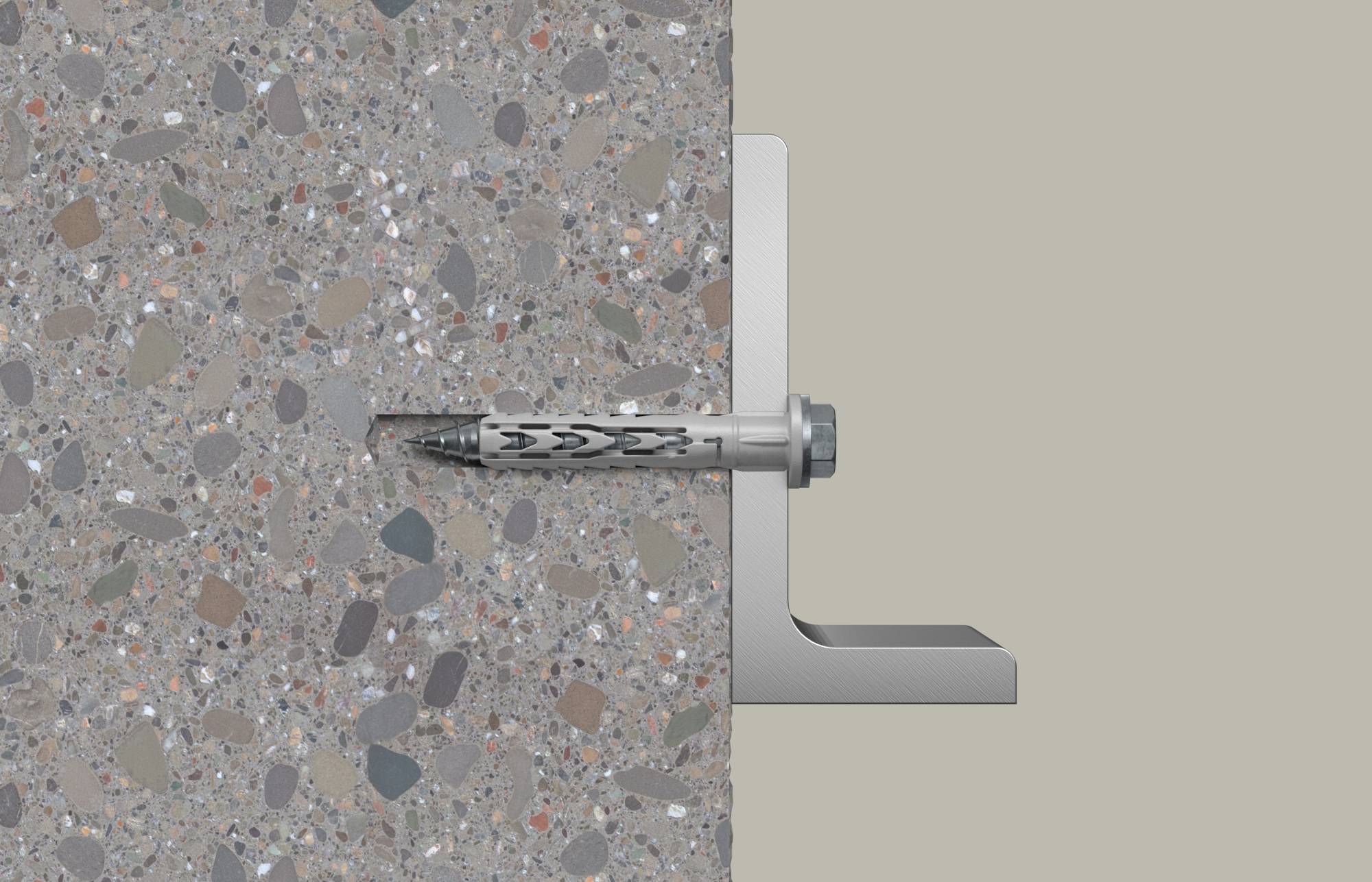 Seitenansicht eines Metallankerschraubenbolzens, der in eine Betonplatte eingelassen ist, wobei der Bolzen durch eine Halterung auf der rechten Seite verläuft.