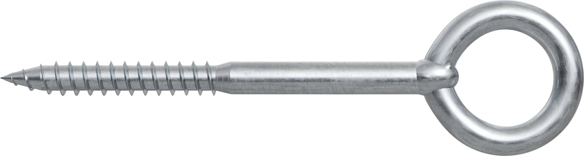 Metallische Schrauböse mit spitzem Gewinde und kreisförmiger Ösenkappe, horizontal auf weißem Hintergrund dargestellt.