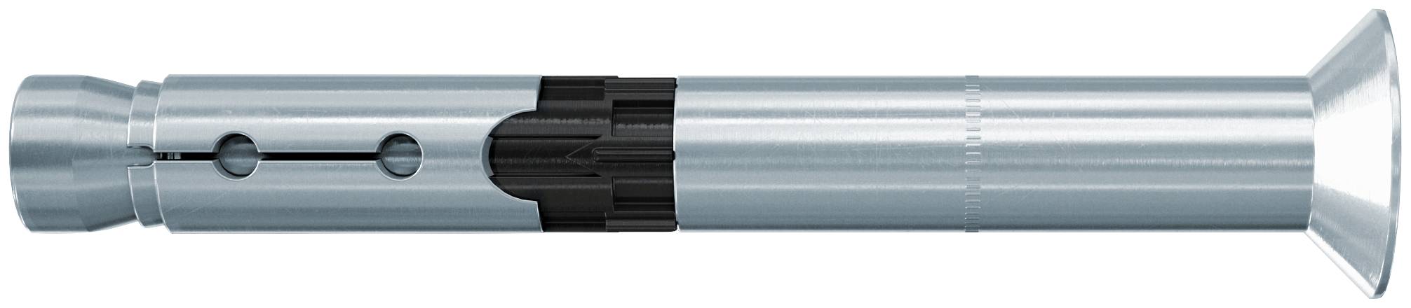 Metall-Wandanker mit ausgestelltem Flansch und Expansionshülse, horizontal auf weißem Hintergrund dargestellt.