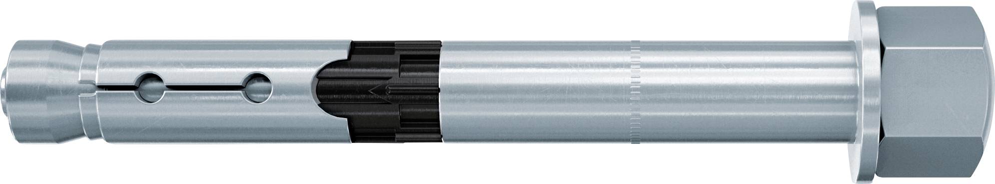 Metallischer Expansionsanker mit Schlitzmanschette und Sechskantmutter, horizontal auf weißem Hintergrund dargestellt.