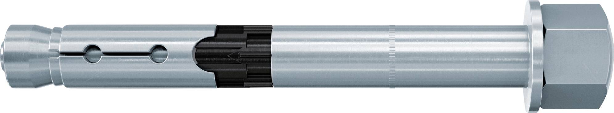 Metall-Dübel-Ankerbolzen mit geschlitztem Ende und Sechskantmutter, horizontal auf weißem Hintergrund dargestellt.