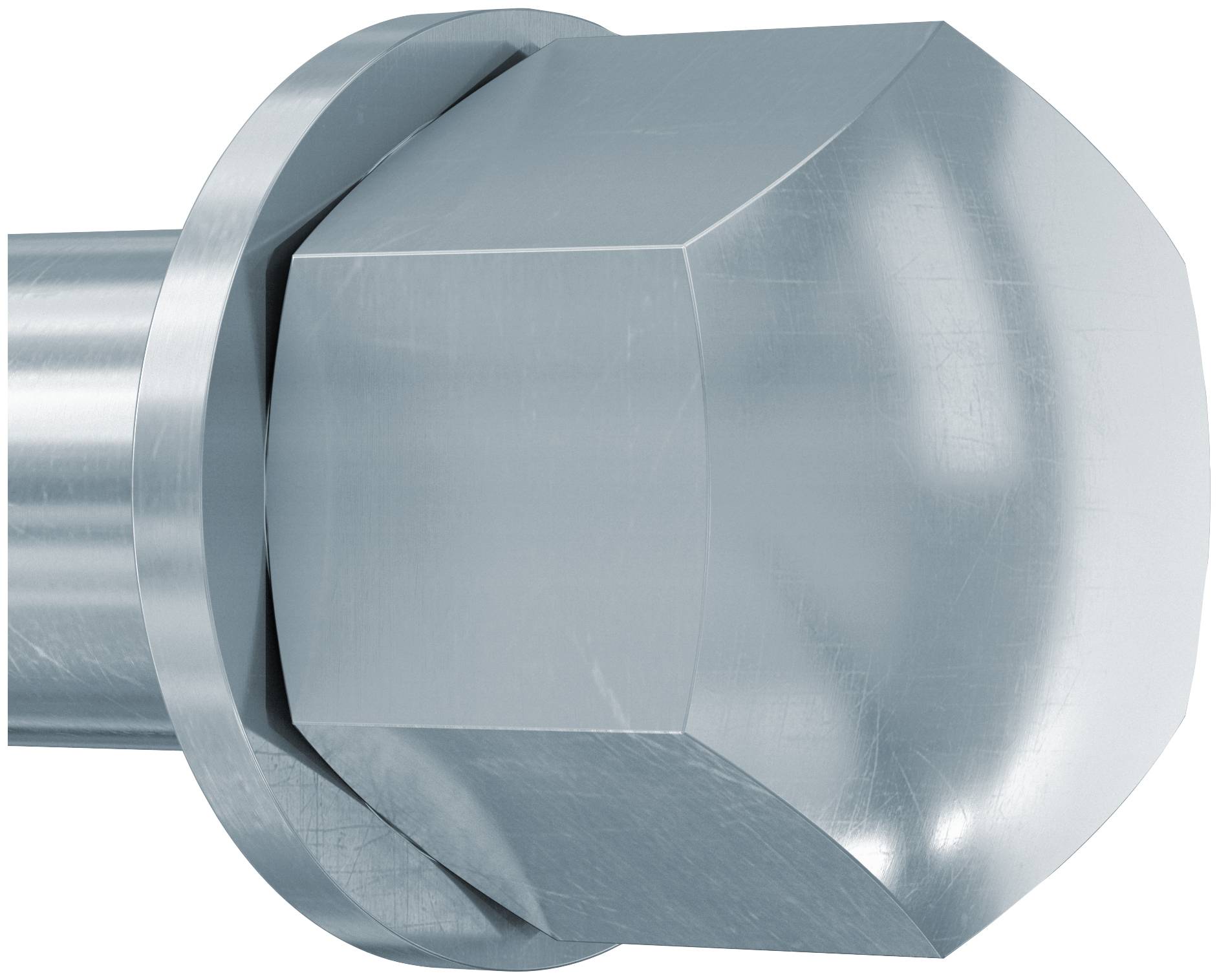 Nahaufnahme einer silbernen Metallschraube oder eines Befestigungselements mit großem sechskantigem Kopf und abgerundeter Kappe, dargestellt vor weißem Hintergrund.