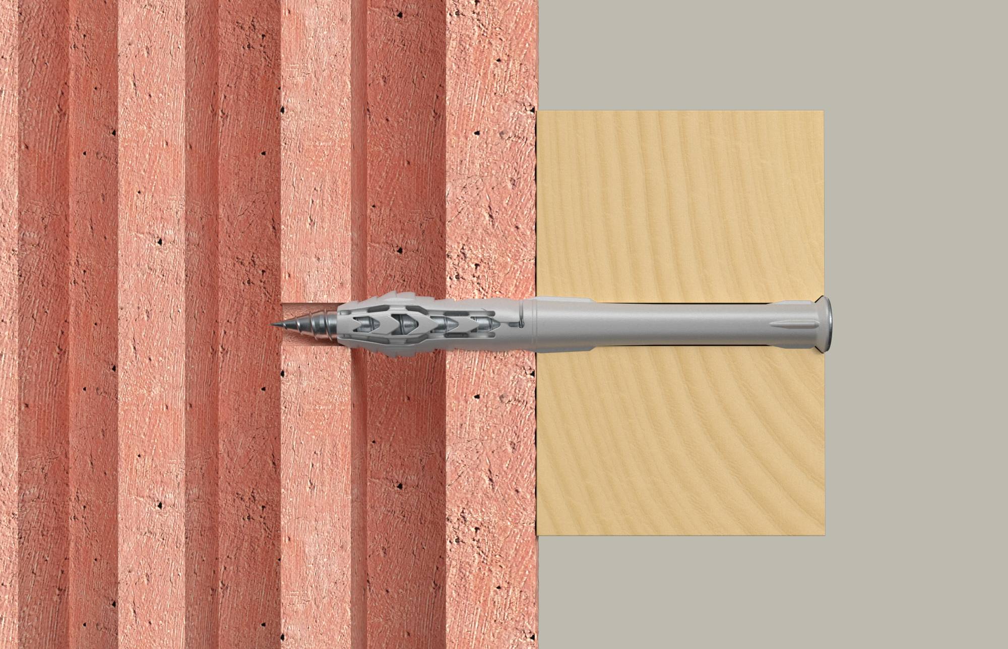 Eine Wandverankerungsschraube ist teilweise in eine rote Ziegelmauer neben einer Holzplatte eingeschraubt und zeigt die Befestigung an Mauerwerk.