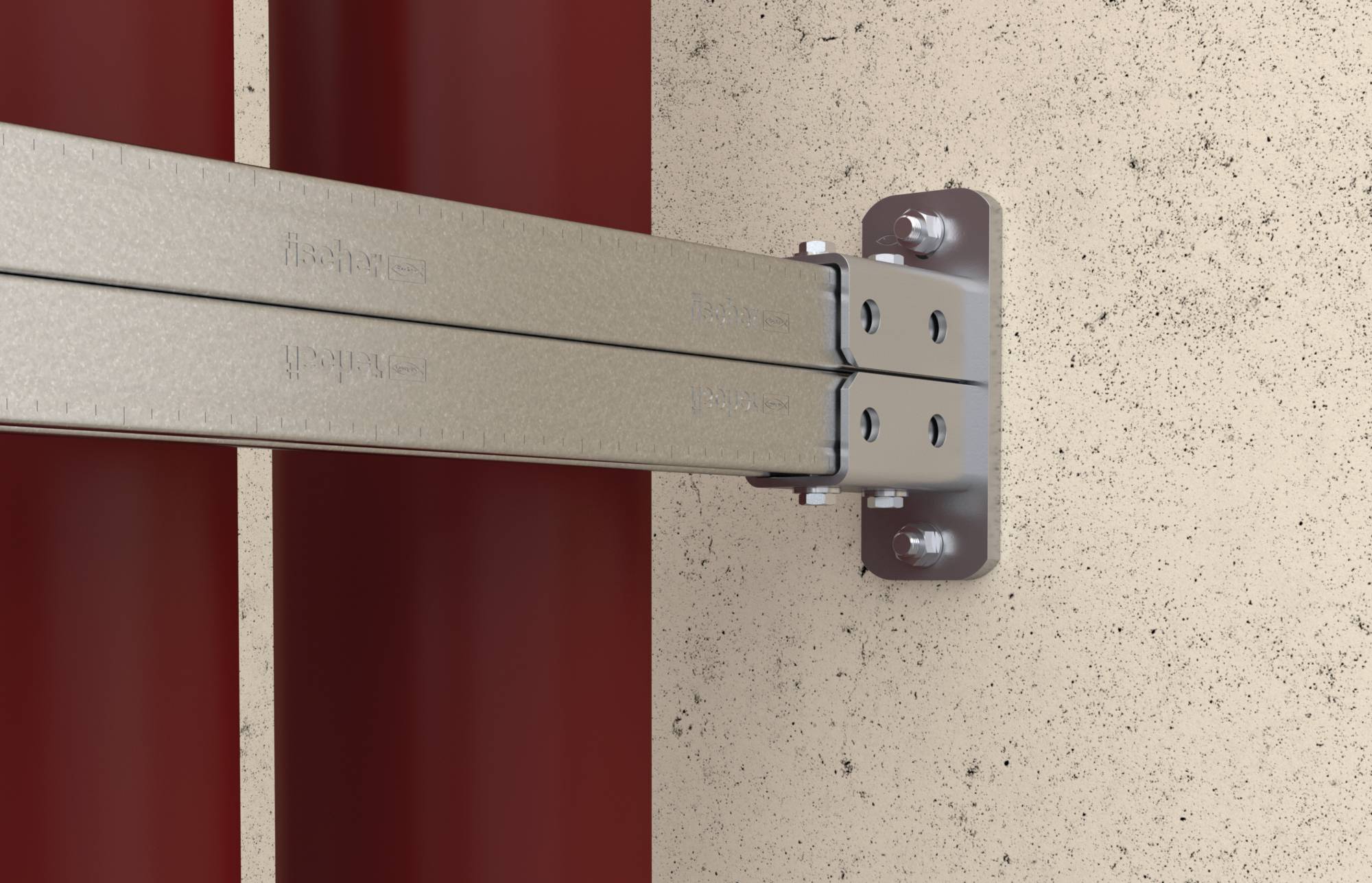 Nahaufnahme einer Metallwandhalterung, die zwei horizontale silberfarbene Schienen an einer gesprenkelten beigen Wand neben einem roten Paneel befestigt.