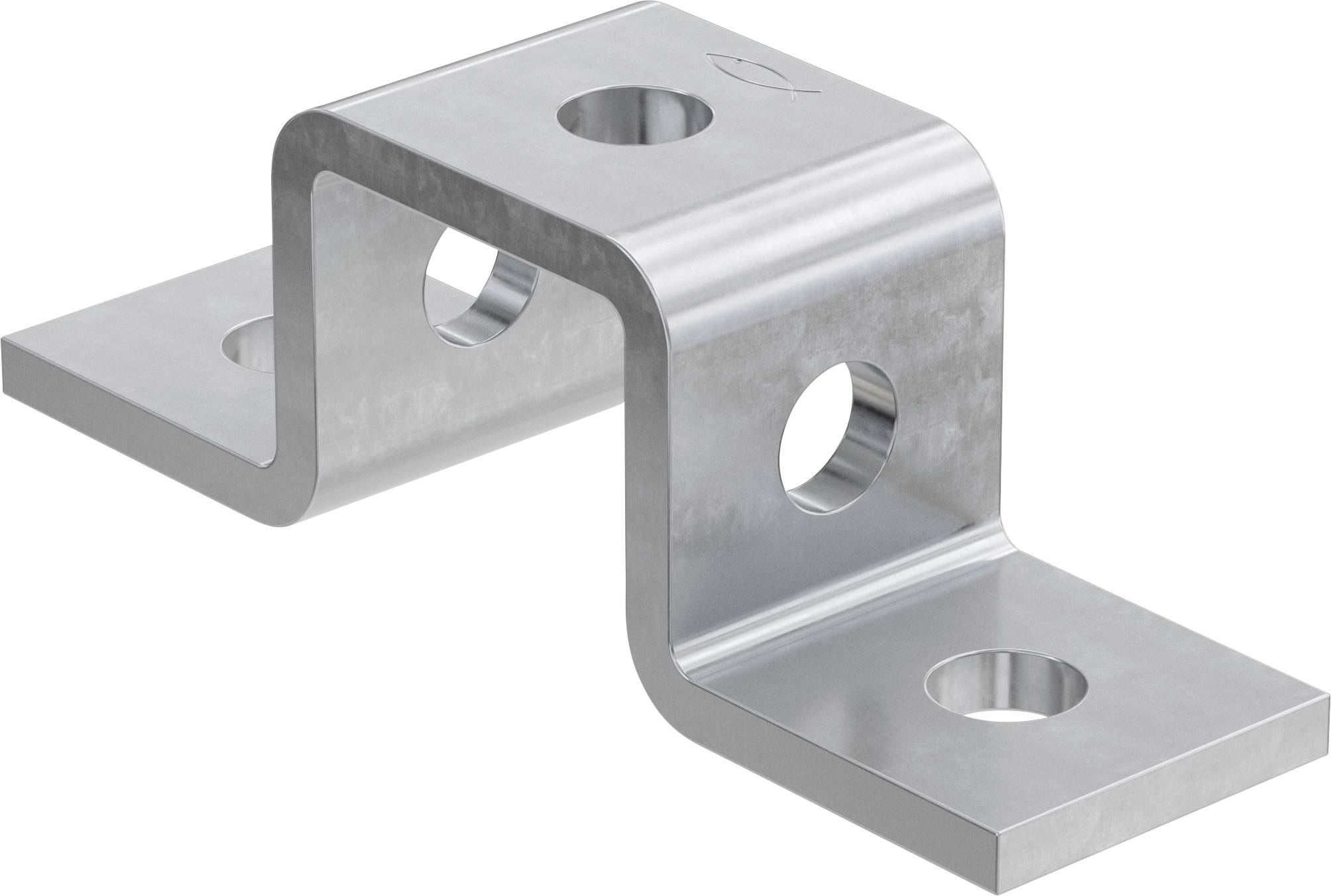 Z-förmiges Metallmontageelement mit vier Bohrungen, auf weißem Hintergrund dargestellt.