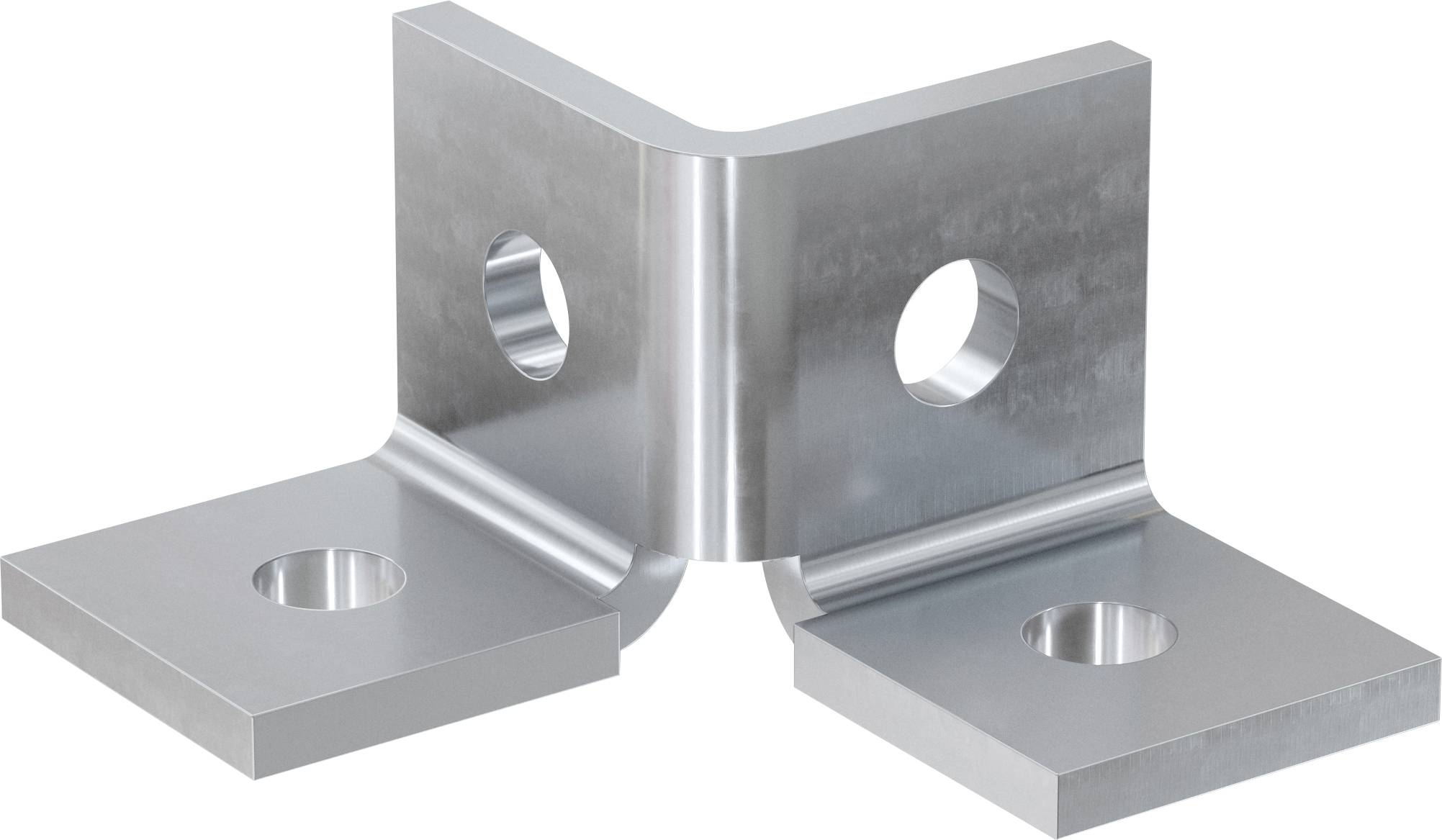 Metallische Silber-Eckklammer mit vier Befestigungslöchern, dargestellt auf weißem Hintergrund.