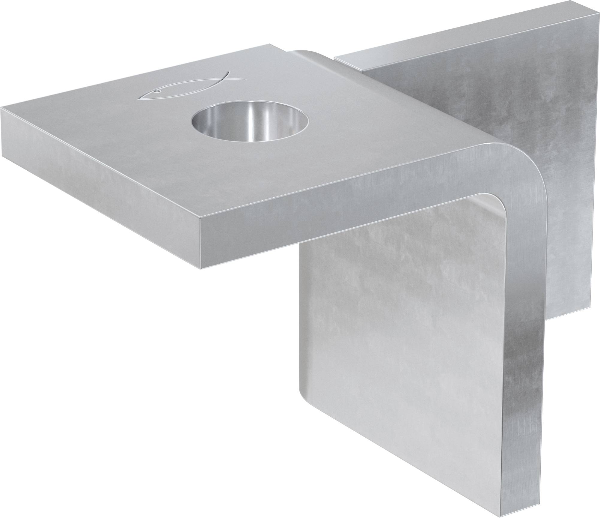Metallhalterungswinkel in L-Form mit einem Kreisloch in der Oberplatte und einer gebogenen vertikalen Stütze darunter.