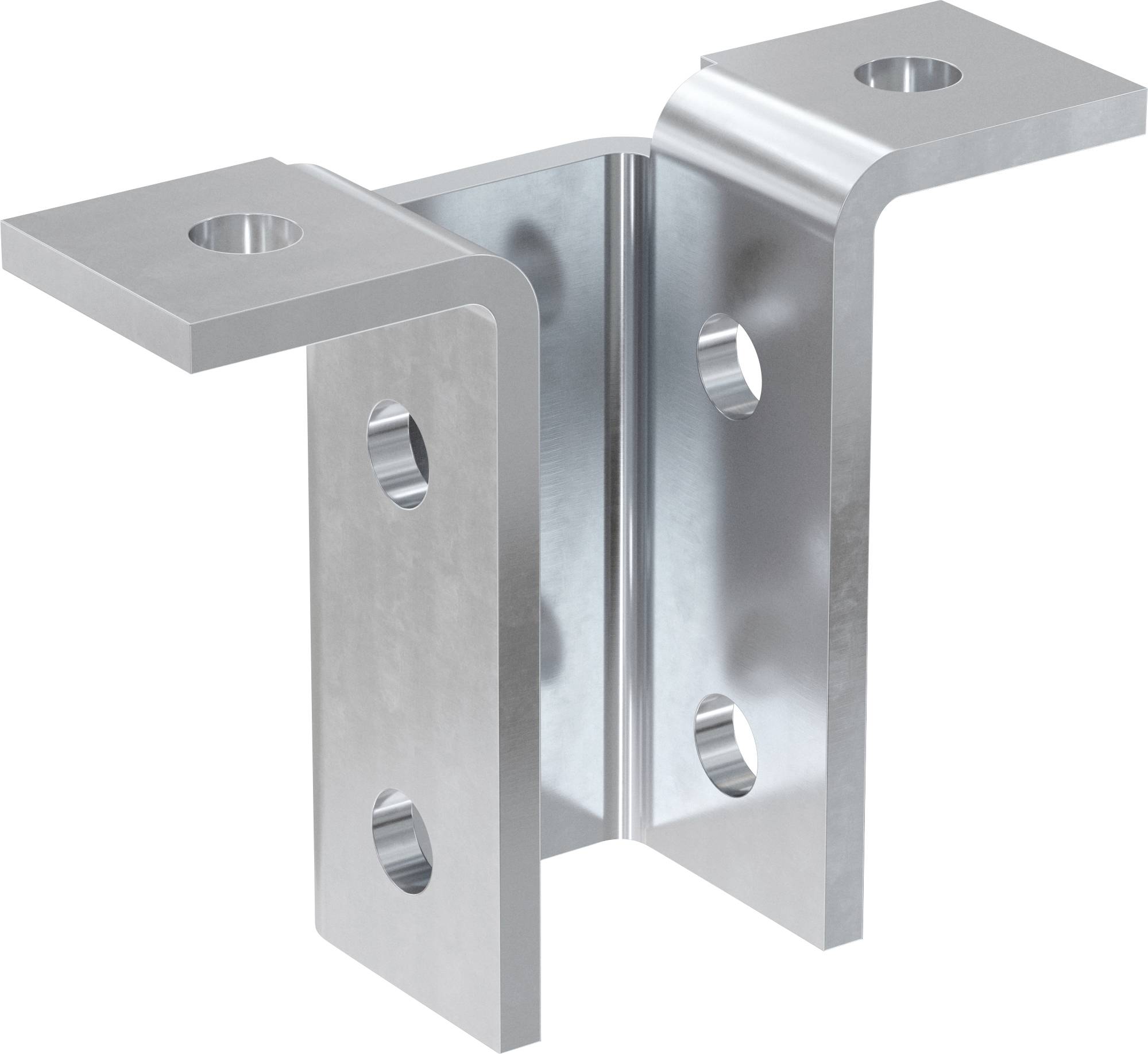 Metalleckenhalter mit zwei Schlitzplatten und Schraubenlöchern, dargestellt in einer 3D-Produktdarstellung auf weißem Hintergrund.