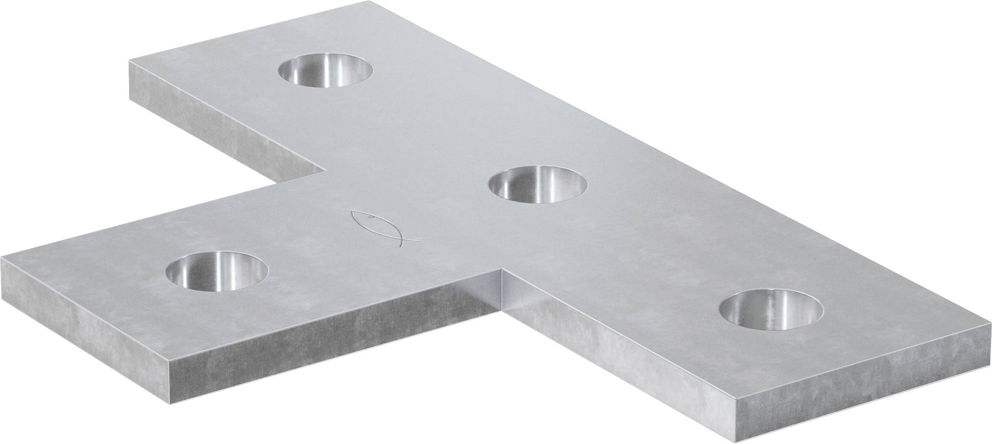 Silberfarbene Metallmontageplatte mit versetzter T-Form und vier Senklöchern, gezeigt auf weißem Hintergrund.