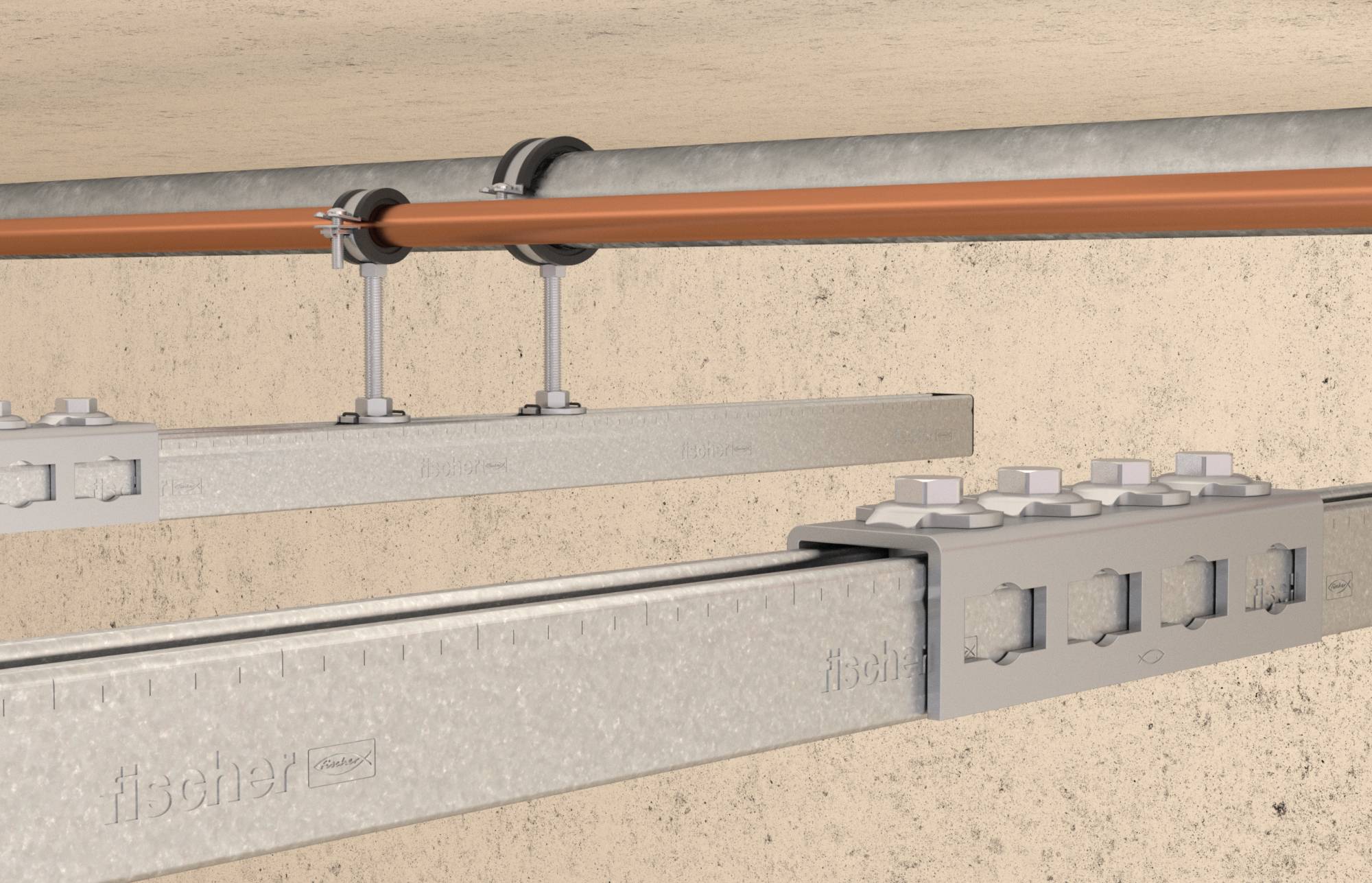 Metallisches Kabelwannensystem und Befestigungssystem an einer Wand montiert, mit orangefarbigem Kunststoffrohr und gesicherten Halteklammern