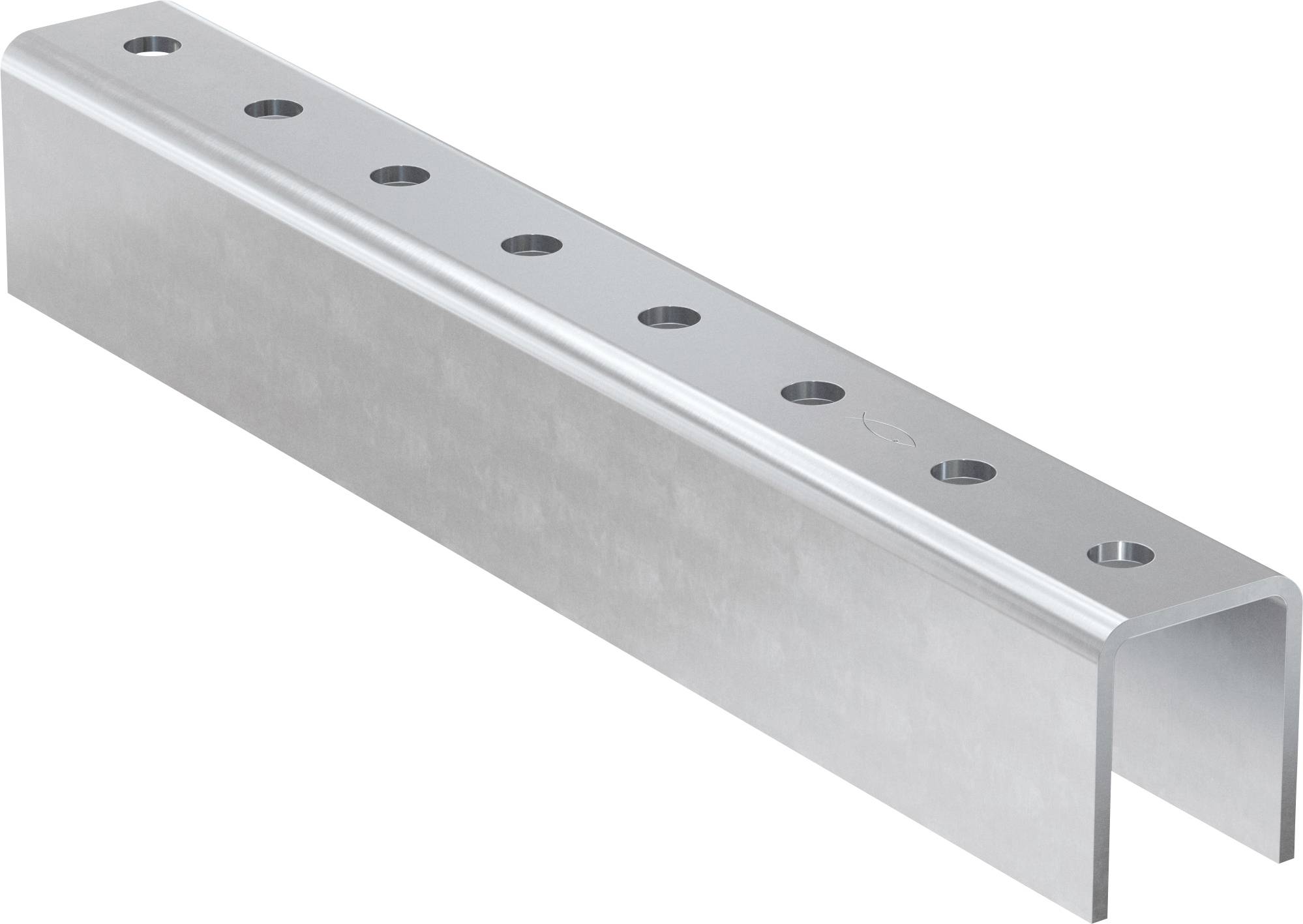 Silber-farbiger U-förmiger Metallkanal mit einer Reihe von gleichmäßig verteilten Löchern entlang des oberen Flansches, dargestellt auf weißem Hintergrund.
