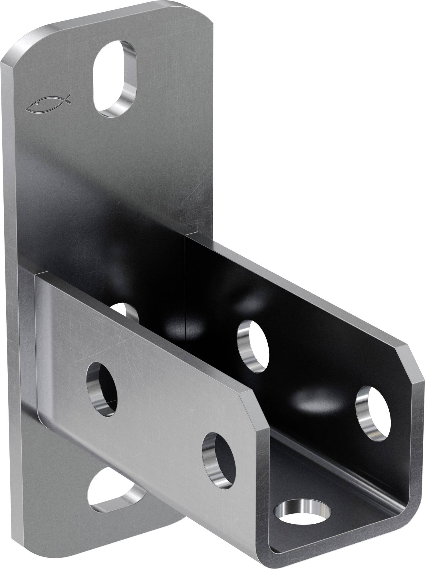 Metallische U-förmige Halterung mit mehreren Befestigungslöchern, dargestellt in einer produktorientierten 3D-Ansicht auf weißem Hintergrund.