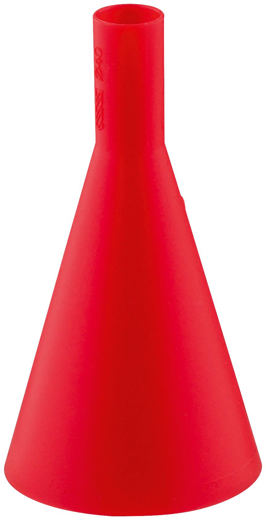 Roter Kunststofftrichter mit breitem konischem Körper und enger zylindrischer Öffnung oben auf weißem Hintergrund
