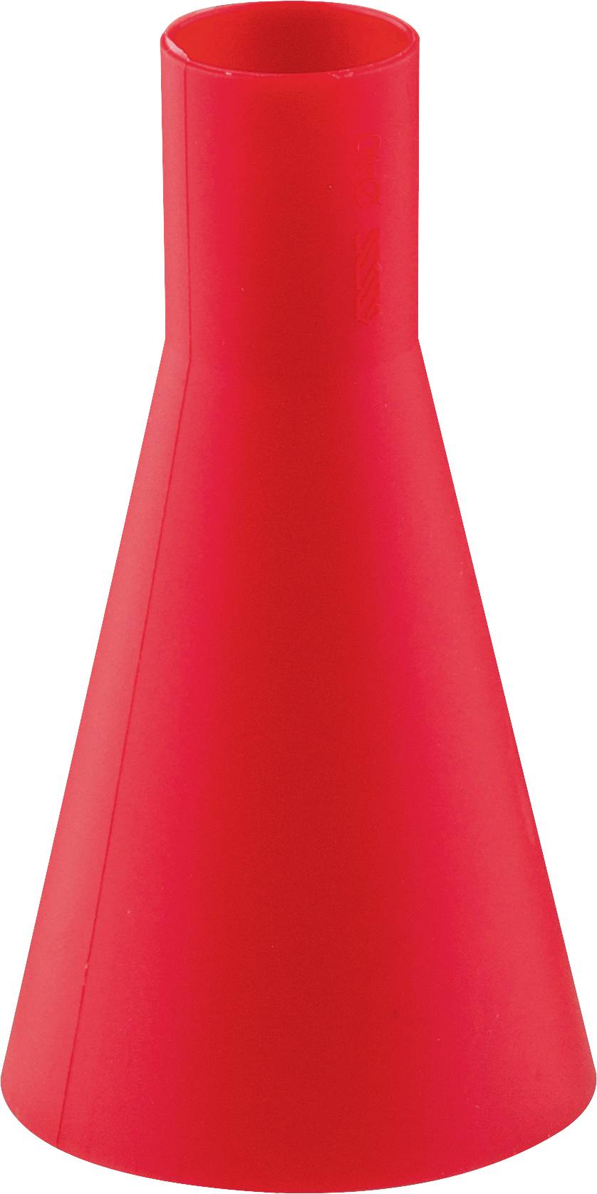 Roter Kunststofftrichter mit breitem konischem Körper und schmalem zylindrischem Oberteil auf weißem Hintergrund.