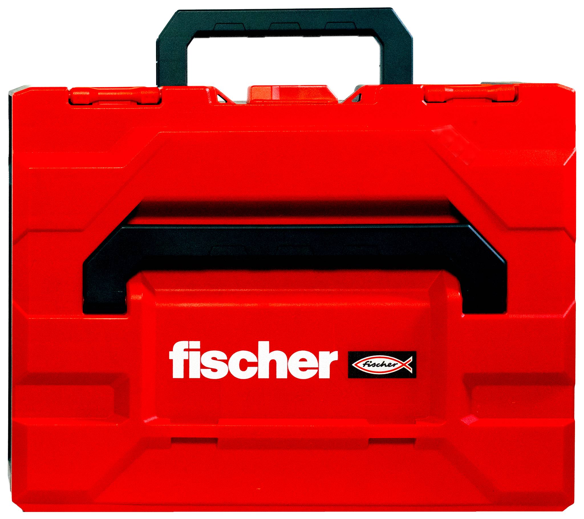 Roter Fischer-Kunststofftragekoffer mit schwarzem Griff, zentriert auf weißem Hintergrund.
