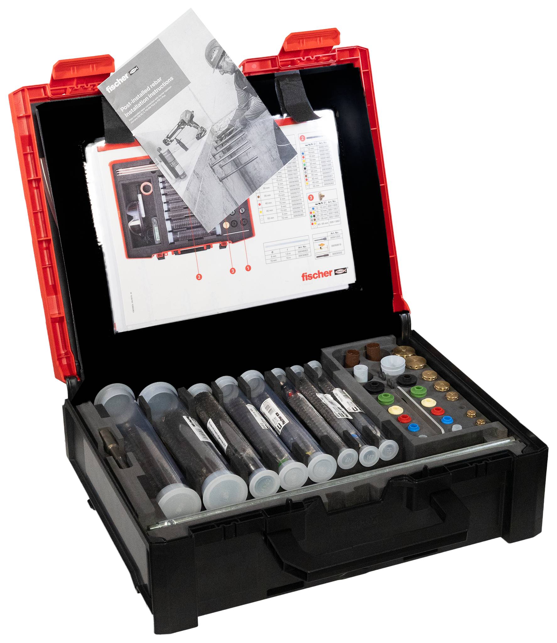 Offenes schwarz-rotes Werkzeugset mit assortiertem Fischer-Befestigungsmaterial, Schrauben und Bedienungsanleitungen im Inneren.