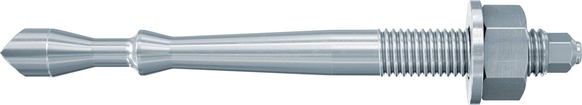Metallgewindestab mit spitzem Ende und Sechskantmutter, horizontal auf weißem Hintergrund gezeigt.